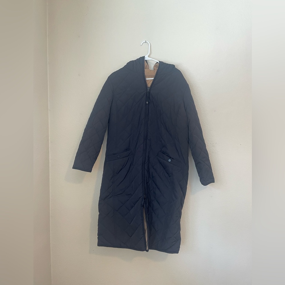 Universal Standard Black Quilted Long Hooded Coat